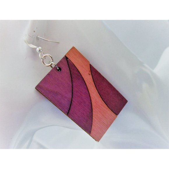 Pink and purple rectangle wooden earring - painted boho earrings stainless posts - Picture 2 of 8